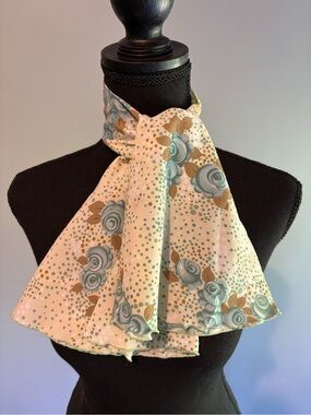 Neck Scarf Vintage Ladies Elegant Floral Cream with Teal Roses.
